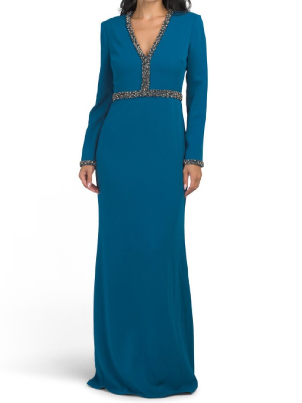 BADGLEY MISCHKA Long Sleeve Gown With Beaded Trim
